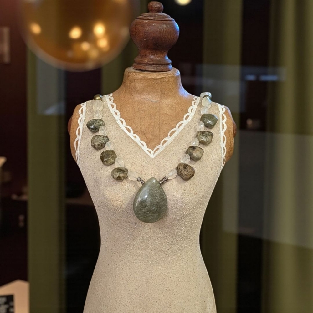 Chunky Vintage Jade And Glass Beaded Necklace With Large Teardrop Jade Pendant